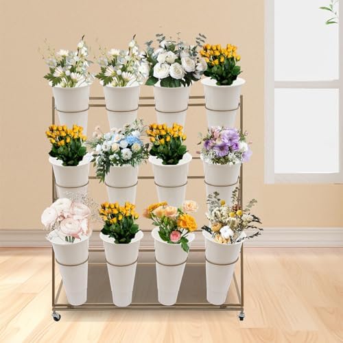 Flower Display Stand with 12 Buckets, 3-Tier Iron Flower Cart Display Stand with Wheels, Flower Bouquet Stand, alternate view