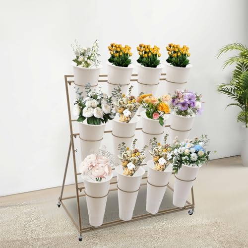 Flower Display Stand with 12 Buckets, 3-Tier Iron Flower Cart Display Stand with Wheels, Flower Bouquet Stand, alternate view