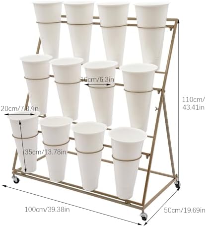 Flower Display Stand with 12 Buckets, 3-Tier Iron Flower Cart Display Stand with Wheels, Flower Bouquet Stand, alternate view