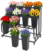 Flower Display Stand with 12 Buckets, 3-Tier Iron Flower Cart Display Stand with Wheels, Flower Bouquet Stand