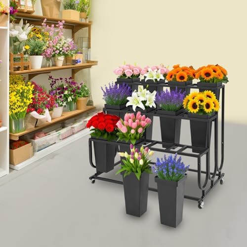 Flower Display Stand with 12 Buckets, 3-Tier Iron Flower Cart Display Stand with Wheels, Flower Bouquet Stand, alternate view