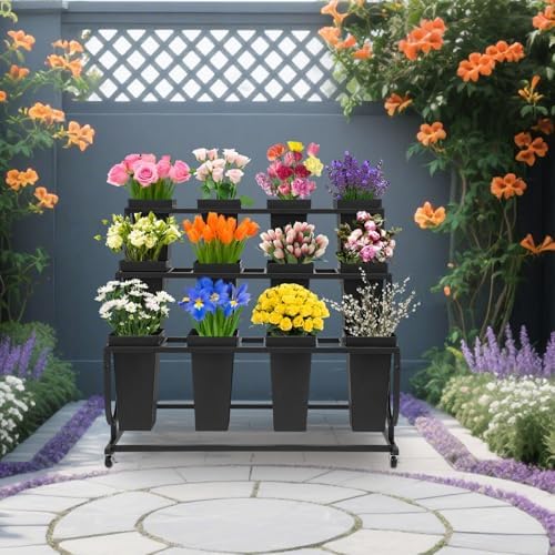 Flower Display Stand with 12 Buckets, 3-Tier Iron Flower Cart Display Stand with Wheels, Flower Bouquet Stand, alternate view
