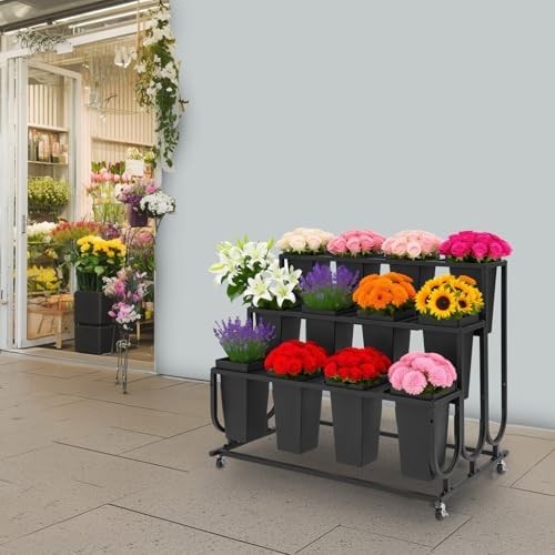 Flower Display Stand with 12 Buckets, 3-Tier Iron Flower Cart Display Stand with Wheels, Flower Bouquet Stand, alternate view