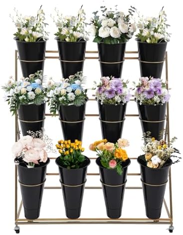 Flower Display Stand with 12 Buckets, 3-Tier Iron Flower Cart Display Stand with Wheels, Flower Bouquet Stand