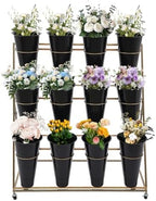Flower Display Stand with 12 Buckets, 3-Tier Iron Flower Cart Display Stand with Wheels, Flower Bouquet Stand