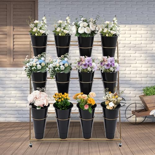 Flower Display Stand with 12 Buckets, 3-Tier Iron Flower Cart Display Stand with Wheels, Flower Bouquet Stand, alternate view