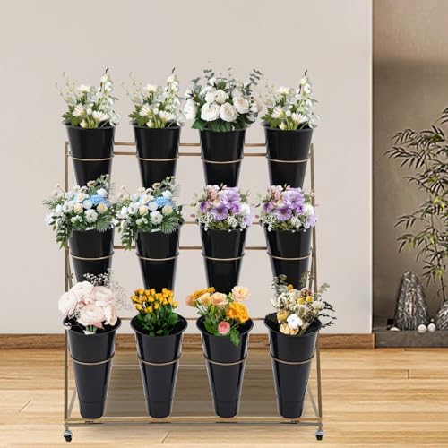 Flower Display Stand with 12 Buckets, 3-Tier Iron Flower Cart Display Stand with Wheels, Flower Bouquet Stand, alternate view