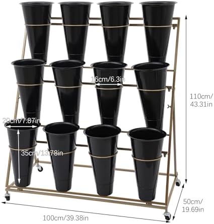 Flower Display Stand with 12 Buckets, 3-Tier Iron Flower Cart Display Stand with Wheels, Flower Bouquet Stand, alternate view