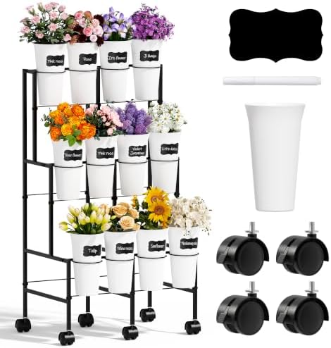 Flower Display Stand with 12 Buckets, 3 Tier Metal Flower Cart Display Stand with Wheels, Flower Bar Stand for