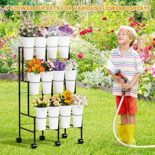 Flower Display Stand with 12 Buckets, 3 Tier Metal Flower Cart Display Stand with Wheels, Flower Bar Stand for, alternate