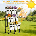 Flower Display Stand with 12 Buckets, 3 Tier Metal Flower Cart Display Stand with Wheels, Flower Bar Stand for, alternate