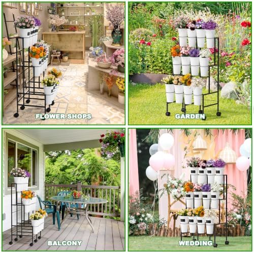 Flower Display Stand with 12 Buckets, 3 Tier Metal Flower Cart Display Stand with Wheels, Flower Bar Stand for, alternate
