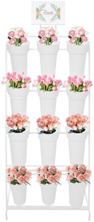 Flower Display Stand with 12 Buckets, 4-Tier Iron Flower Cart Display Stand with Wheels, Flower Bouquet Stand