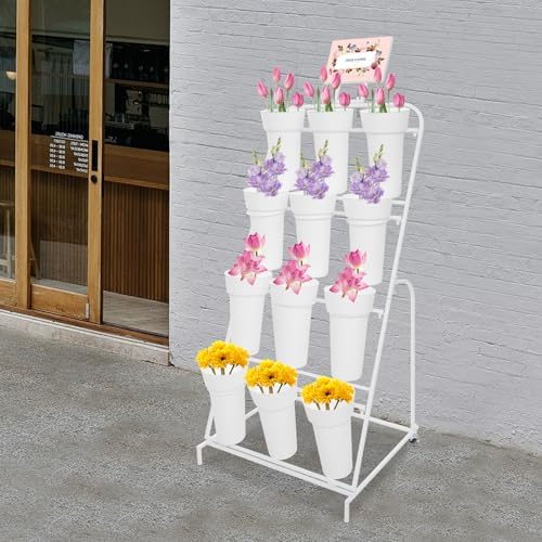 Flower Display Stand with 12 Buckets, 4-Tier Iron Flower Cart Display Stand with Wheels, Flower Bouquet Stand, alternate view