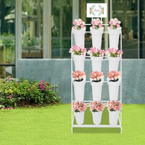 Flower Display Stand with 12 Buckets, 4-Tier Iron Flower Cart Display Stand with Wheels, Flower Bouquet Stand, alternate view