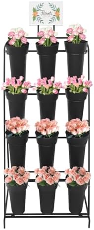 Flower Display Stand with 12 Buckets, 4-Tier Iron Flower Cart Display Stand with Wheels, Flower Bouquet Stand
