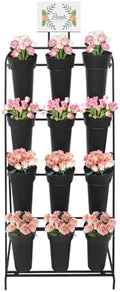 Flower Display Stand with 12 Buckets, 4-Tier Iron Flower Cart Display Stand with Wheels, Flower Bouquet Stand