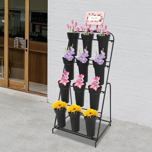 Flower Display Stand with 12 Buckets, 4-Tier Iron Flower Cart Display Stand with Wheels, Flower Bouquet Stand, alternate view