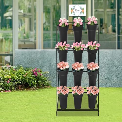 Flower Display Stand with 12 Buckets, 4-Tier Iron Flower Cart Display Stand with Wheels, Flower Bouquet Stand, alternate view