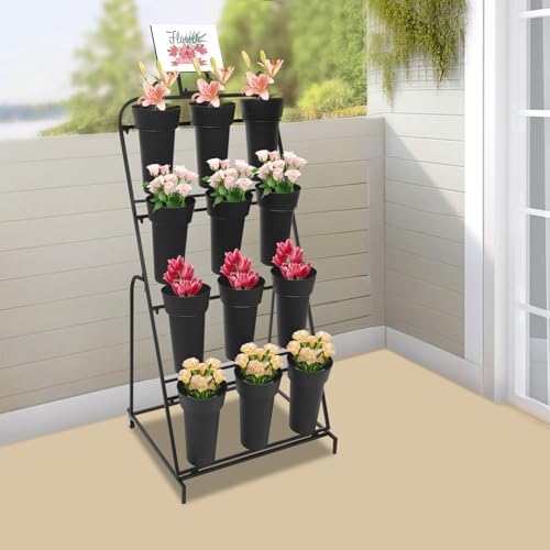 Flower Display Stand with 12 Buckets, 4-Tier Iron Flower Cart Display Stand with Wheels, Flower Bouquet Stand, alternate view