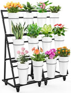 Flower Display Stand with 12 Buckets & 8 Casters, Black in Black