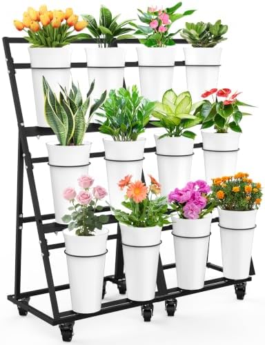 Flower Display Stand with 12 Buckets & 8 Casters, Black in Black