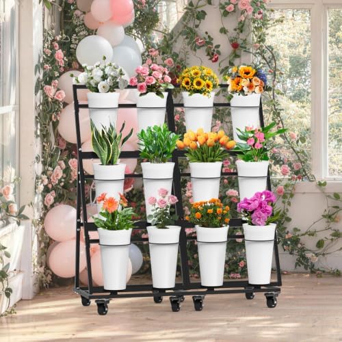 Flower Display Stand with 12 Buckets & 8 Casters, Black in Black, alternate view 2