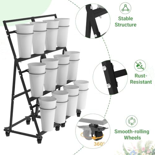 Flower Display Stand with 12 Buckets & 8 Casters, Black in Black, alternate view 5