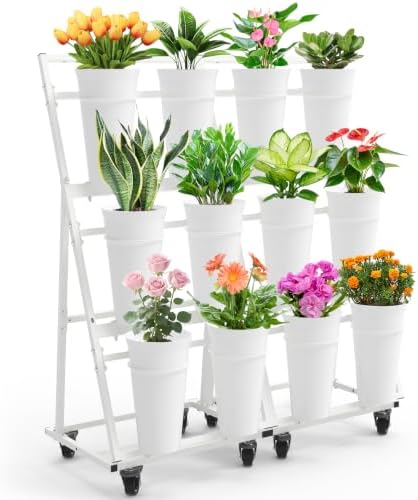 Flower Display Stand with 12 Buckets & 8 Casters, White in White