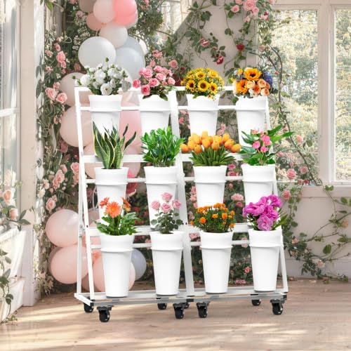 Flower Display Stand with 12 Buckets & 8 Casters, White in White, alternate view 2