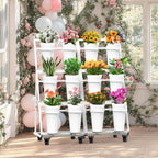 Flower Display Stand with 12 Buckets & 8 Casters, White in White, alternate view 2