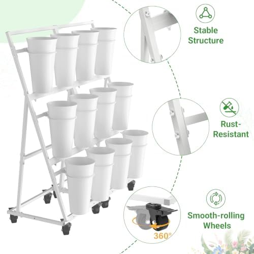 Flower Display Stand with 12 Buckets & 8 Casters, White in White, alternate view 5