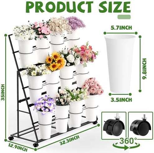 Flower Display Stand with 12 Buckets and Wheels, 3 Tier Flower Cart Display Stand for Indoor Outdoor Garden, alternate view 3