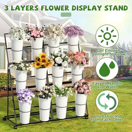 Flower Display Stand with 12 Buckets and Wheels, 3 Tier Flower Cart Display Stand for Indoor Outdoor Garden, alternate view 4