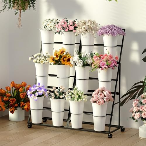 Flower Display Stand with 12 Buckets and Wheels, 3 Tier Flower Cart Display Stand for Indoor Outdoor Garden, alternate view 5