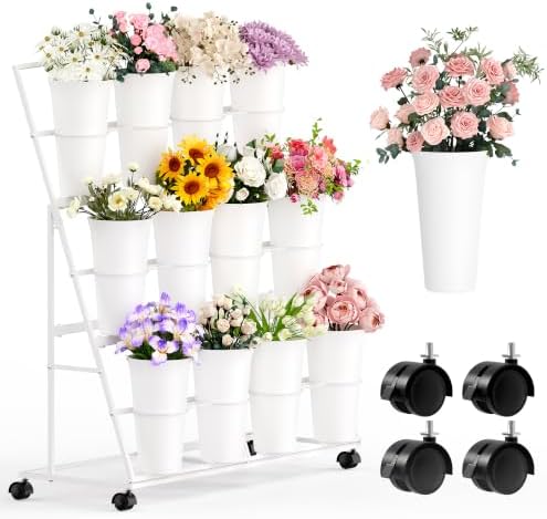 Flower Display Stand with 12 Buckets and Wheels, 3 Tier Flower Cart Display Stand for Indoor Outdoor Garden