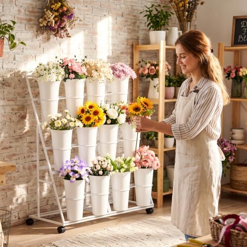 Flower Display Stand with 12 Buckets and Wheels, 3 Tier Flower Cart Display Stand for Indoor Outdoor Garden, alternate view 2