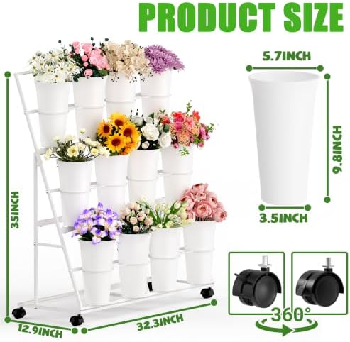 Flower Display Stand with 12 Buckets and Wheels, 3 Tier Flower Cart Display Stand for Indoor Outdoor Garden, alternate view 3