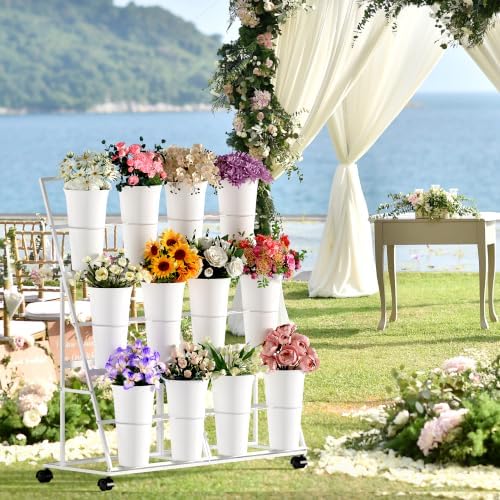 Flower Display Stand with 12 Buckets and Wheels, 3 Tier Flower Cart Display Stand for Indoor Outdoor Garden, alternate view 4