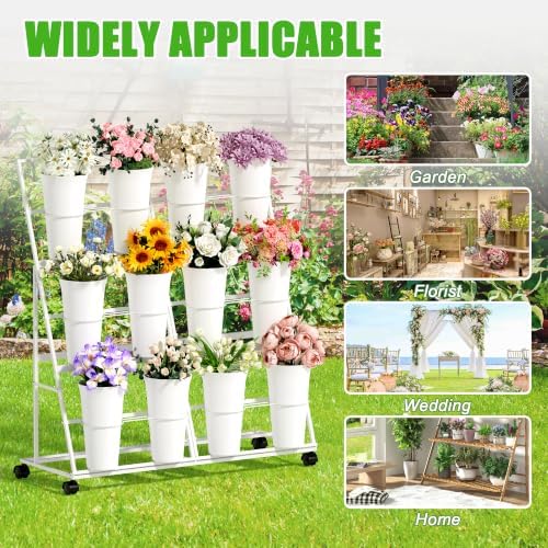 Flower Display Stand with 12 Buckets and Wheels, 3 Tier Flower Cart Display Stand for Indoor Outdoor Garden, alternate view 7