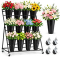 Flower Display Stand with 12 Buckets, Flower Cart 3 Layers, Flower Stand Metal with Wheels, Moving Florist