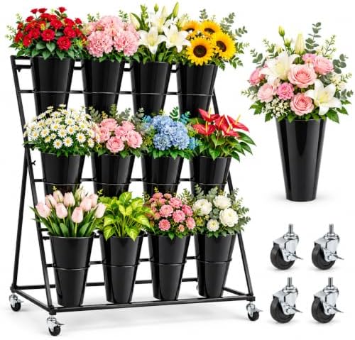 Flower Display Stand with 12 Buckets, Flower Cart 3 Layers, Flower Stand Metal with Wheels, Moving Florist