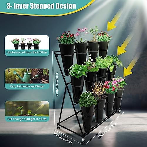 Flower Display Stand with 12 Buckets, Flower Cart 3 Layers, Flower Stand Metal with Wheels, Moving Florist, alternate view 2