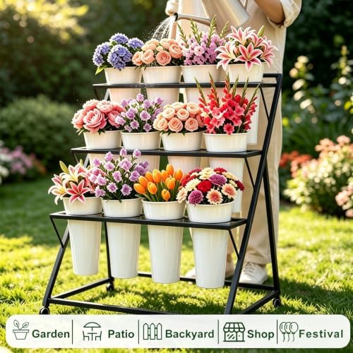Flower Display Stand with 12 Buckets Moving for Indoor Outdoor (Black) in Black, alternate view 2