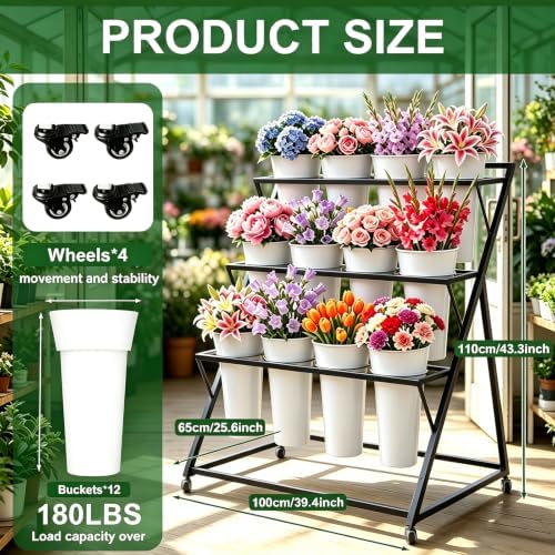 Flower Display Stand with 12 Buckets Moving for Indoor Outdoor (Black) in Black, alternate view 3