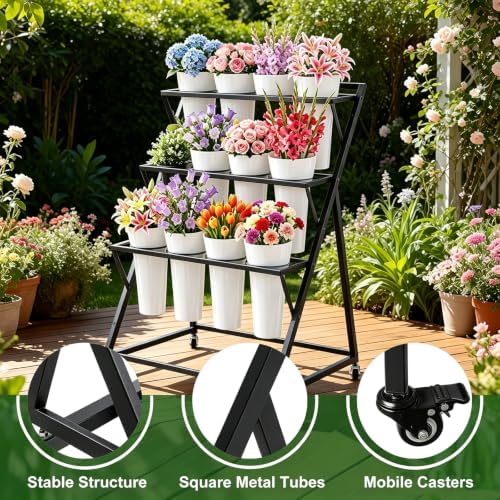 Flower Display Stand with 12 Buckets Moving for Indoor Outdoor (Black) in Black, alternate view 4