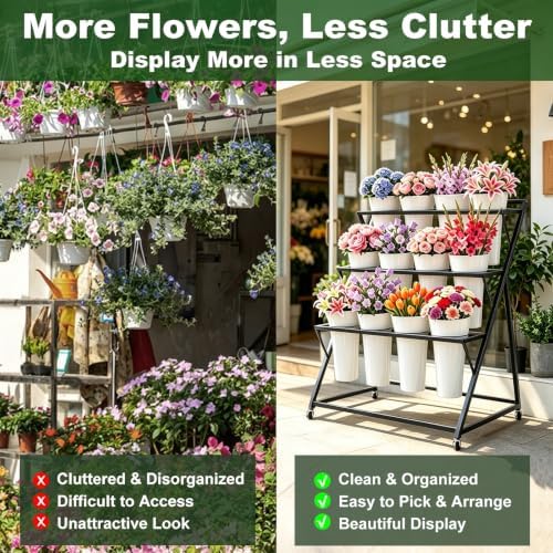 Flower Display Stand with 12 Buckets Moving for Indoor Outdoor (Black) in Black, alternate view 6