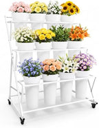 Flower Display Stand with 12 Buckets & Wheels 3 Tier Flower Cart White