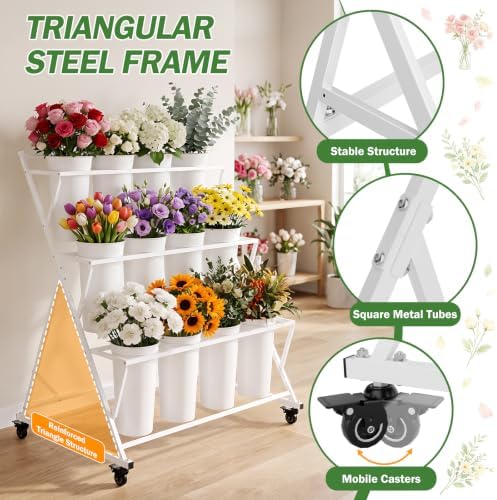 Flower Display Stand with 12 Buckets & Wheels 3 Tier Flower Cart White, alternate view 4