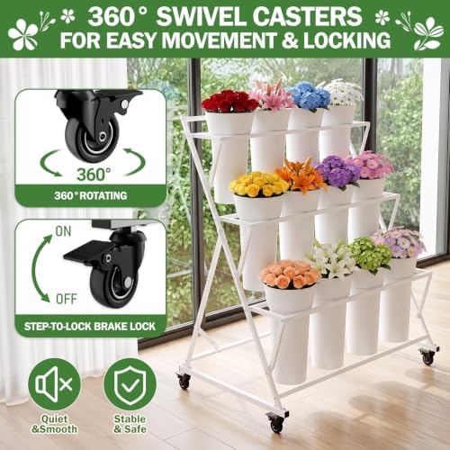 Flower Display Stand with 12 Buckets & Wheels 3 Tier Flower Cart White, alternate view 6